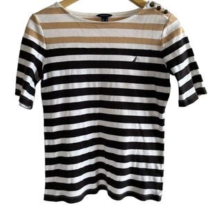 Nautica Womens Knit Top ~ size Small ~ Black, Khaki and white stripes